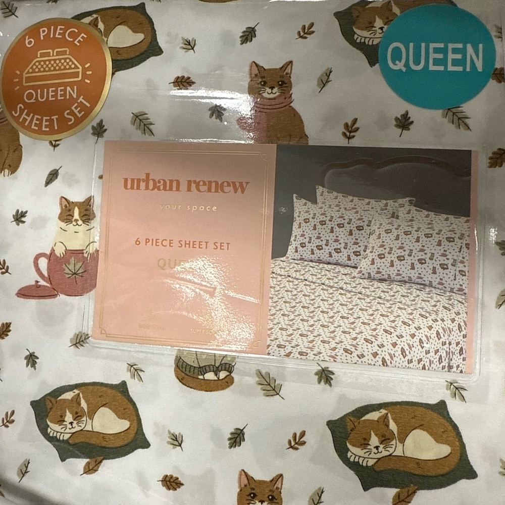 Urban Renewal Cat Print Queen Sheet Set - Cream and Brown